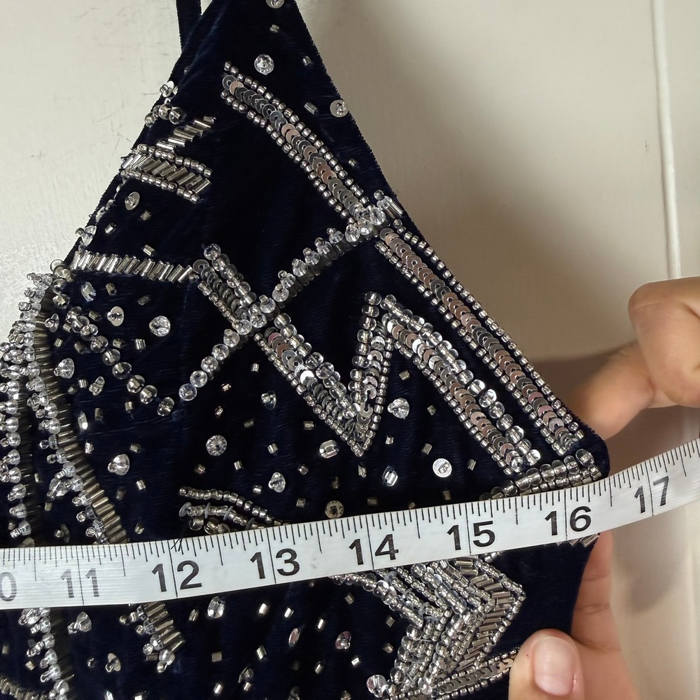 ASOS Navy Blue Velvet Sequin Geometric Print Spaghetti Strap Jumpsuit - Picture 11 of 16
